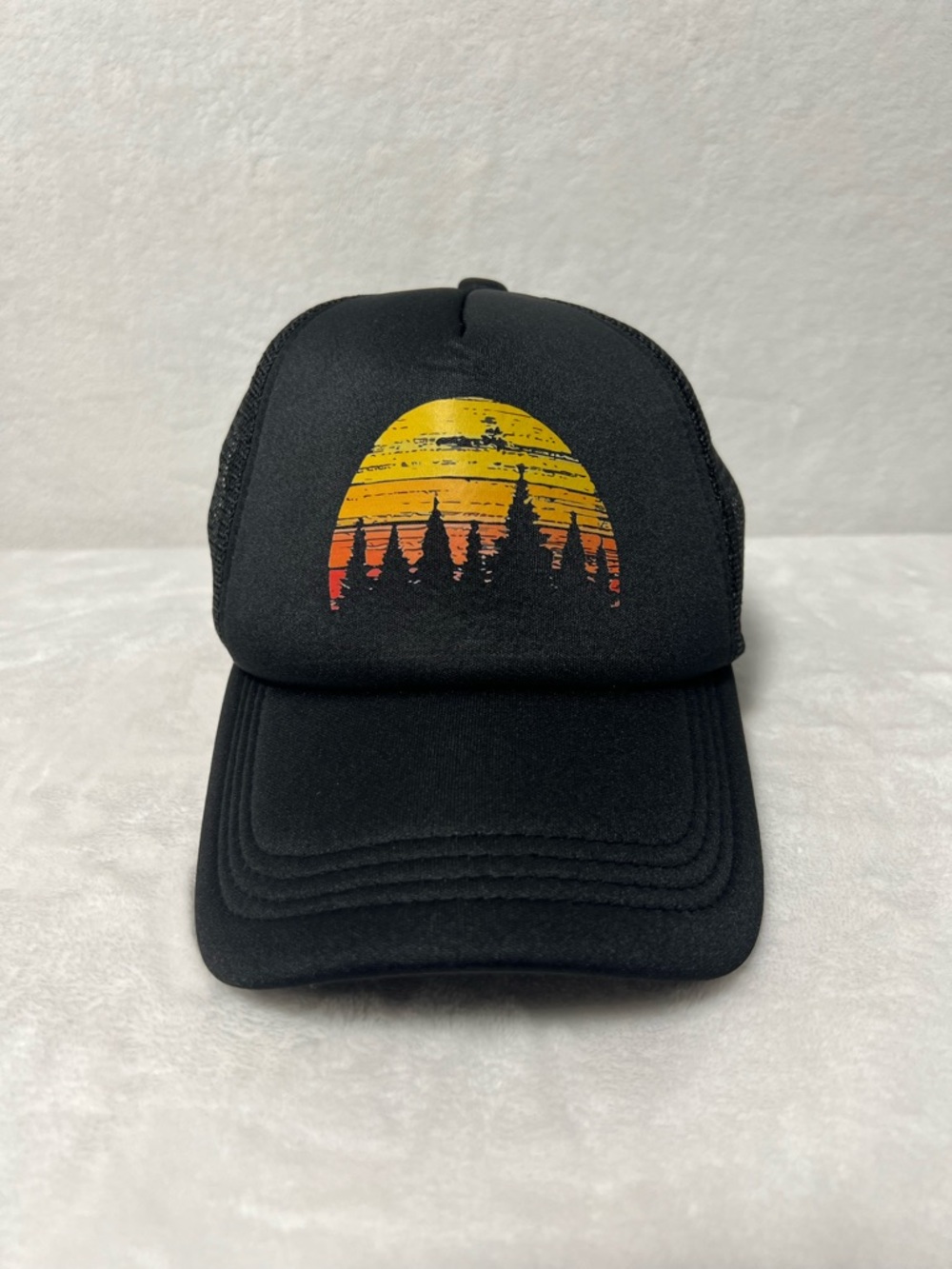 NWOT Black Baseball Cap Trucker Hat Mesh Back with Sunset Forest Print